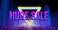 Image of the words Huge Sale in purple letters with moving rainbow coloured triangles and cityscape 
