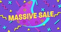 Image of the words Massive Sale in yellow letters with a purple crescent and brightly coloured abstr