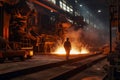 Image of a worker wearing protective gear operating heavy machinery inside the steel mill, showcasing the industrial environment.