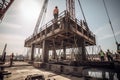 Image of workers assembling a large crane in a construction site, with steel beams and cables visible. Royalty Free Stock Photo