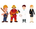 Image with 4 workers, a Builder, a firefighter, a doctor and office worker.