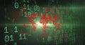 Image of world map, binary coding and data processing over computer servers Royalty Free Stock Photo