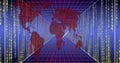 Image of world map, binary coding and data processing over dark background Royalty Free Stock Photo