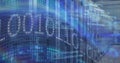 Image of world map, binary coding and data processing over empty computer server room Royalty Free Stock Photo