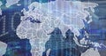 Image of world map, binary coding and data processing over empty computer server room Royalty Free Stock Photo