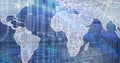 Image of world map, binary coding and data processing over empty computer server room Royalty Free Stock Photo