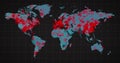 Image of the world map and countries turning red through circles in a dark background