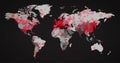 Image of the world map and countries turning red through circles in a dark background