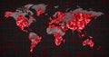 Image of the world map and countries turning red through circles in a dark background