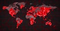 Image of the world map and countries turning red through circles in a dark background