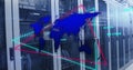 Image of world map over neon triangular shapes against computer server room