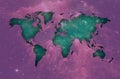 Violet Map of the world over background of sky. Royalty Free Stock Photo