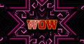 Image of wow text over falling pink kaleidoscopic shape on dark background