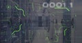Image of x symbol with binary codes and circuit board patterns over server room Royalty Free Stock Photo