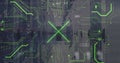 Image of x symbol with binary codes over circuit board pattern on server racks Royalty Free Stock Photo