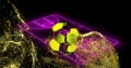 Image of yellow digital wave and 3d soccer ball spinning over neon purple soccer field layout