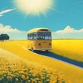 image of the yellow flower field,bus along the road, bright sky and sparkling yellow sun in the Japanese style art.