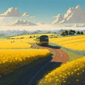 image of the yellow flower field,bus along the road, bright sky and sparkling yellow sun in the Japanese style art.