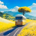 image of the yellow flower field,bus along the road, bright sky and sparkling yellow sun in the Japanese style art.