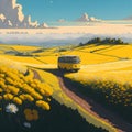 image of the yellow flower field,bus along the road, bright sky and sparkling yellow sun in the Japanese style art.