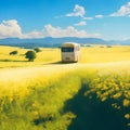 image of the yellow flower field,bus along the road, bright sky and sparkling yellow sun in the Japanese style art.