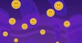 Image of yellow smiley face emoji icons floating on undulating purple background