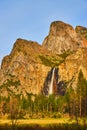 Yosemite iconic Bridalveil Falls from Valley View at sunset