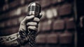 A tattooed male hand holding a microphone against a brick wall. generative ai.