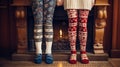 Girls standing in front of fireplace in winter sweaters wearing. Feet in wool socks near fireplace Royalty Free Stock Photo