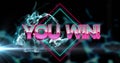 Image of you win text banner over blue light spot and digital waves against black background Royalty Free Stock Photo