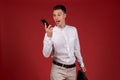 Image young business emotional excited screaming man in white shirt isolated Royalty Free Stock Photo