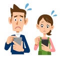 A young couple operating a smartphone with a troubled face