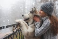 Image of young girl with her dog, alaskan malamute, outdoor Royalty Free Stock Photo
