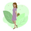 Image of a young girl with long hair in a lilac dress and with a bouquet of flowers. Illustration for Valentine`s Day.