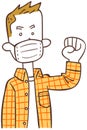 A young man in casual clothes wearing a mask and guts pose