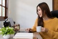 Image of young pleased happy cheerful cute beautiful business woman sit indoors in office using laptop computer. Royalty Free Stock Photo