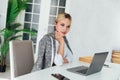 Image of young pleased happy cheerful cute beautiful business woman sit indoors in office using laptop computer Royalty Free Stock Photo