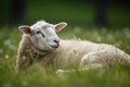 young sheep resting on green pasture grass on summer. Farm animals. Illustration. Generative AI Royalty Free Stock Photo
