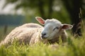 Image of young sheep resting on green pasture grass on summer. Farm animals. Illustration. Generative AI Royalty Free Stock Photo