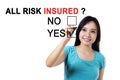 Young woman with text of all risk insured