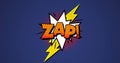 Image of zap text over abstract pattern and lightning icon against blue background Royalty Free Stock Photo