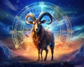 Zodiac sign of Capricorn goat and horoscope wheel on sky background