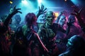 A zombie dance party with undead creatures grooving to music halloween background