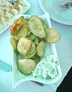 Image of zucchini chips snack with tsatsiki and garlic Royalty Free Stock Photo