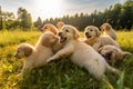A group of golden retriever puppies playfully tumbling over one another in a grassy field, joyful expressions , ai generative Royalty Free Stock Photo