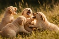 A group of golden retriever puppies playfully tumbling over one another in a grassy field, joyful expressions , ai generative