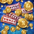 Winner background with lottery tickets, balls and gold coins. Realistic keno gambling game win poster