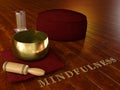 Mindfulness - Meditation environment with wooden floor, Tibetan singing bowl, glass of water, Cushion Zafu Yoga Meditation Royalty Free Stock Photo