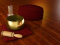 Meditation environment with wooden floor, Tibetan singing bowl, glass of water and Cushion Zafu Yoga Meditation - 3D illustration Royalty Free Stock Photo