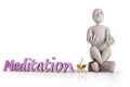 Meditation position - 3D generic character practicing meditation on Zafu cushion with incense and the word meditation next to it